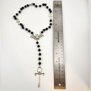 Ankh and Bat Rosary Necklace Black Glass Beads Cross